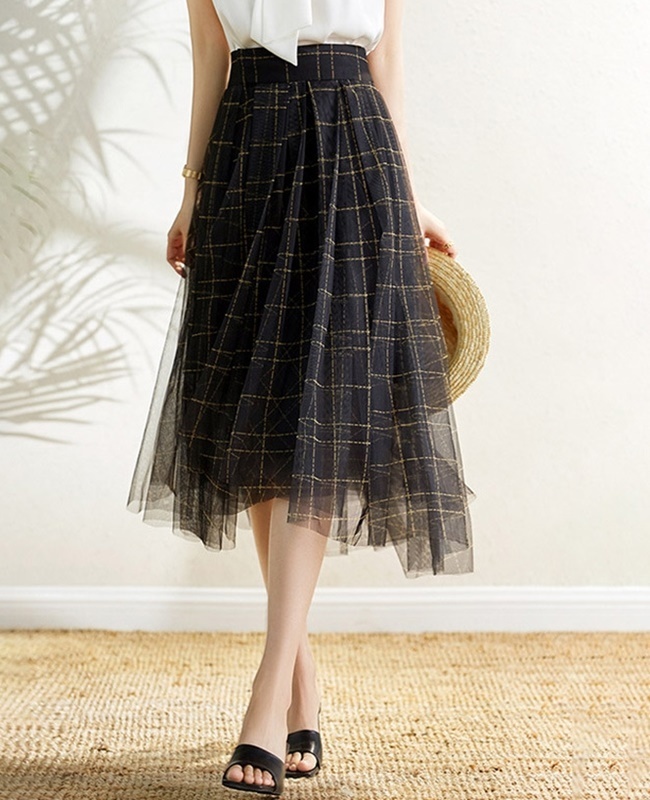 【零碼出清不退換】格紋網紗中長裙