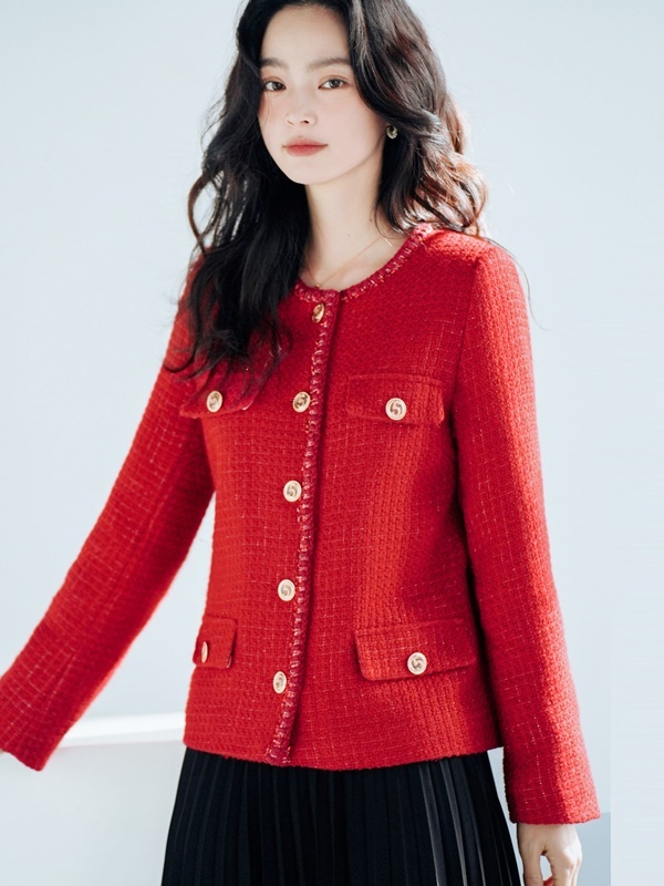 小香風金釦羊毛呢外套 紅色