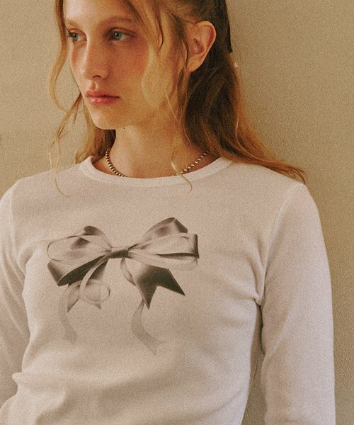 [RONRON] I RIBBON SLIM CROP LONG SLEEVE★新作・24AW★韓国★ RonRon] Aespa NingNing Double Ribbon Slim Crop Long Sleeve