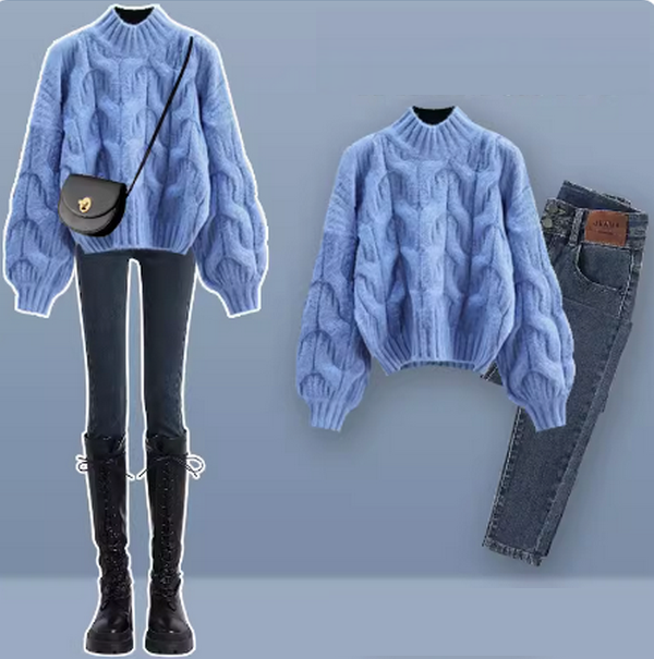 Twist knitted sweater and jeans two-piece set