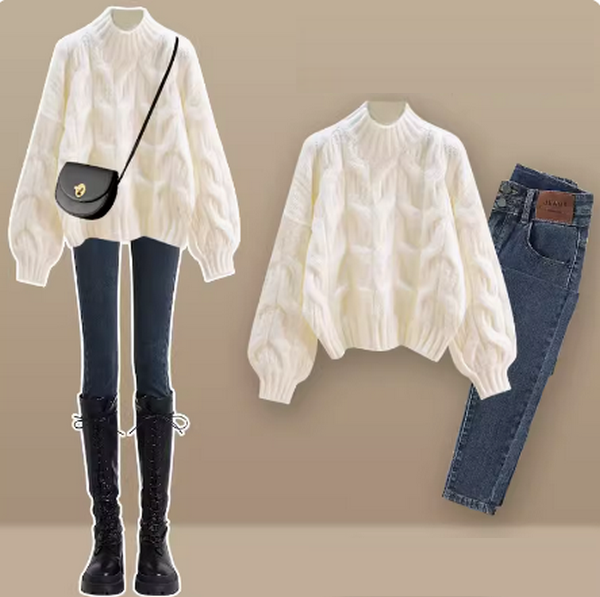 Twist knitted sweater and jeans two-piece set