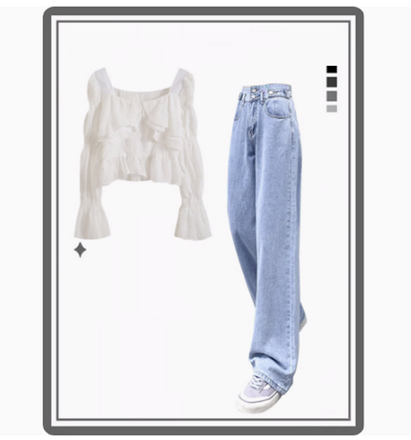 Puff sleeve top and jeans two piece set