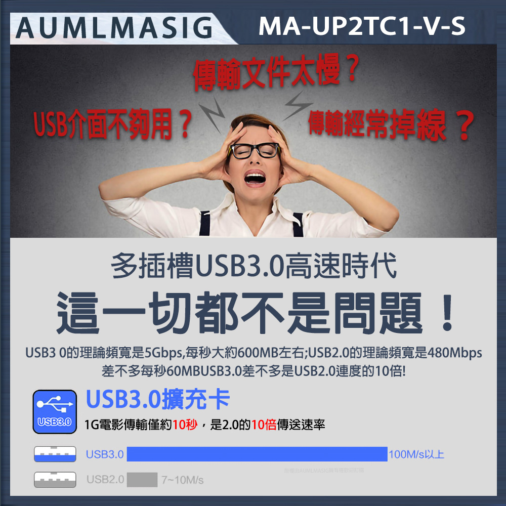 【AUMLMASIG】桌上型電腦 鍍金版本 USB3.0 TYPE-C*1 組+USB3.0*2組+輔助供電 後置轉接擴充卡/台灣威盛控制晶片速度直達5Gbit/s /WIN8系統以上免驅動 PCI-EX1介面全通用插槽