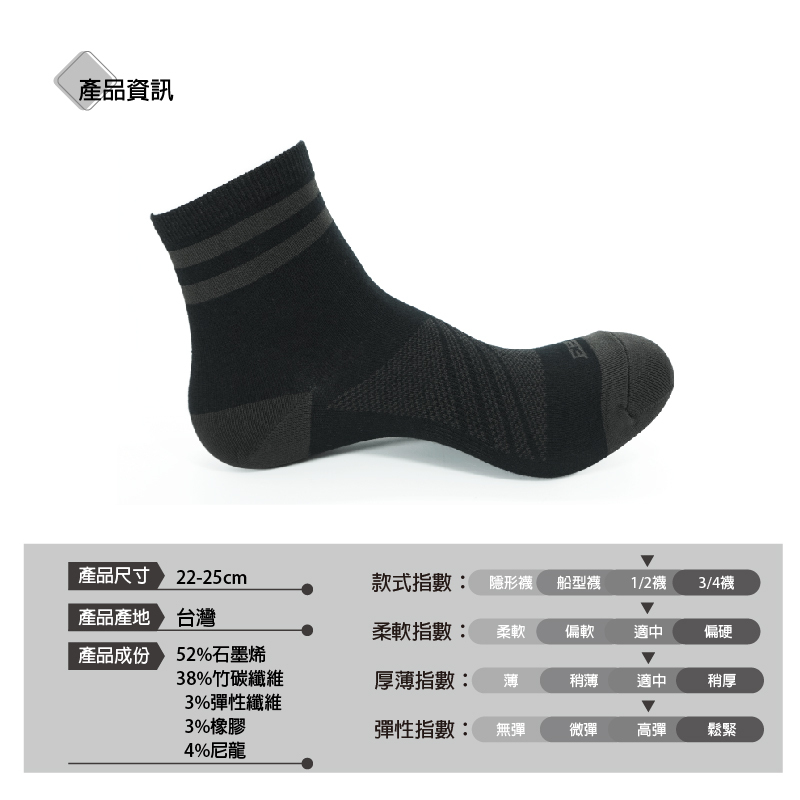 B6010-1-石墨烯女竹炭二分之一除臭襪