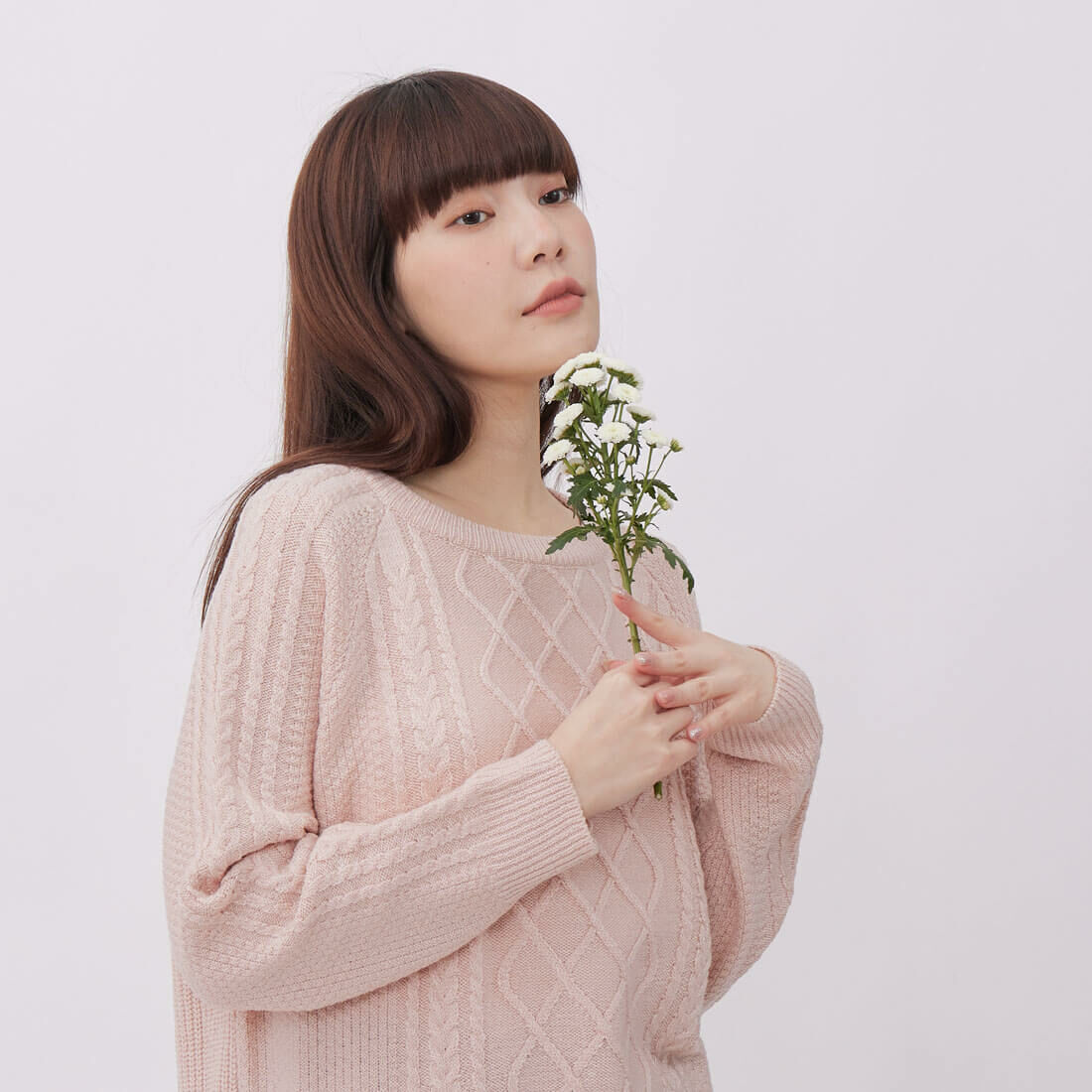 Argyle菱形紋圓領長袖針織衫/淡粉