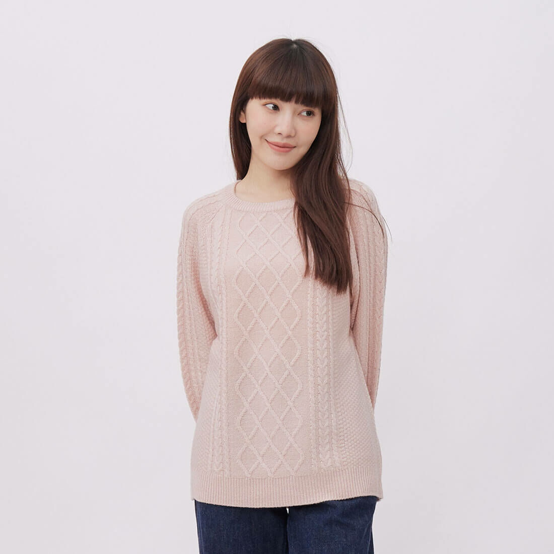 Argyle菱形紋圓領長袖針織衫/淡粉