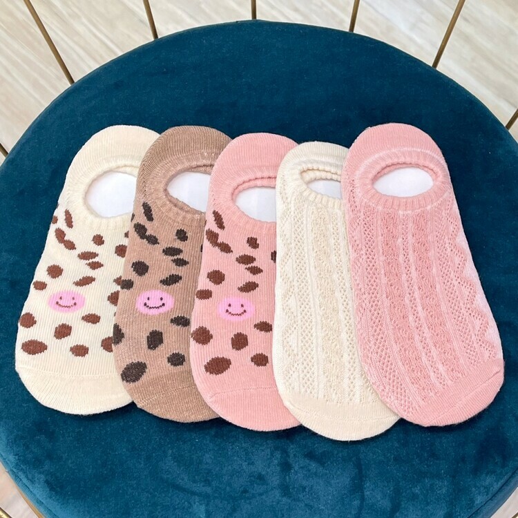 『M:14-16cm 』5入組-點點笑臉x蕾絲無痕襪((不列入會員折扣))