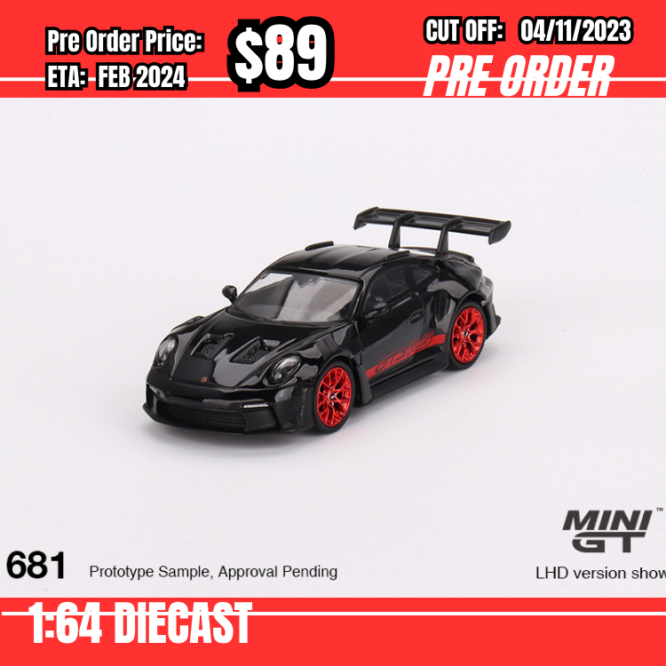 PO-$89 *Mini GT* 1:64 #681 Porsche 911 (992) GT3 RS Black with Pyro Red RHD [OD22/10]