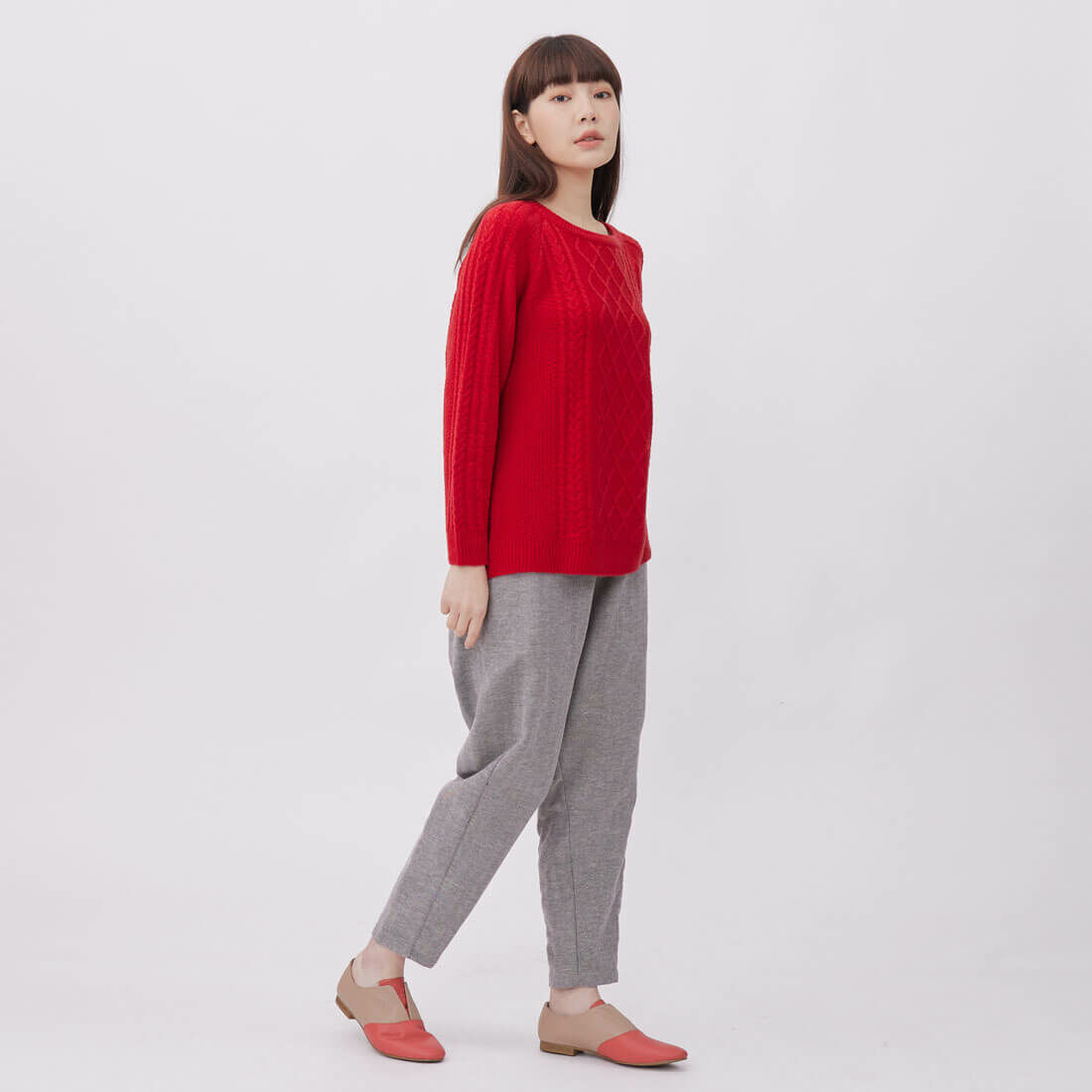 Argyle菱形紋圓領長袖針織衫/紅