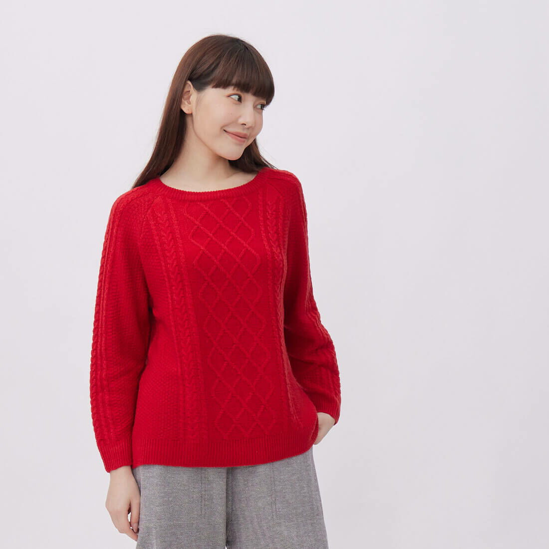 Argyle菱形紋圓領長袖針織衫/紅