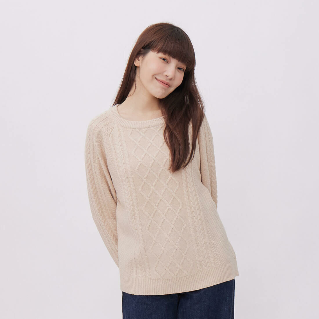 Argyle菱形紋圓領長袖針織衫/奶茶色