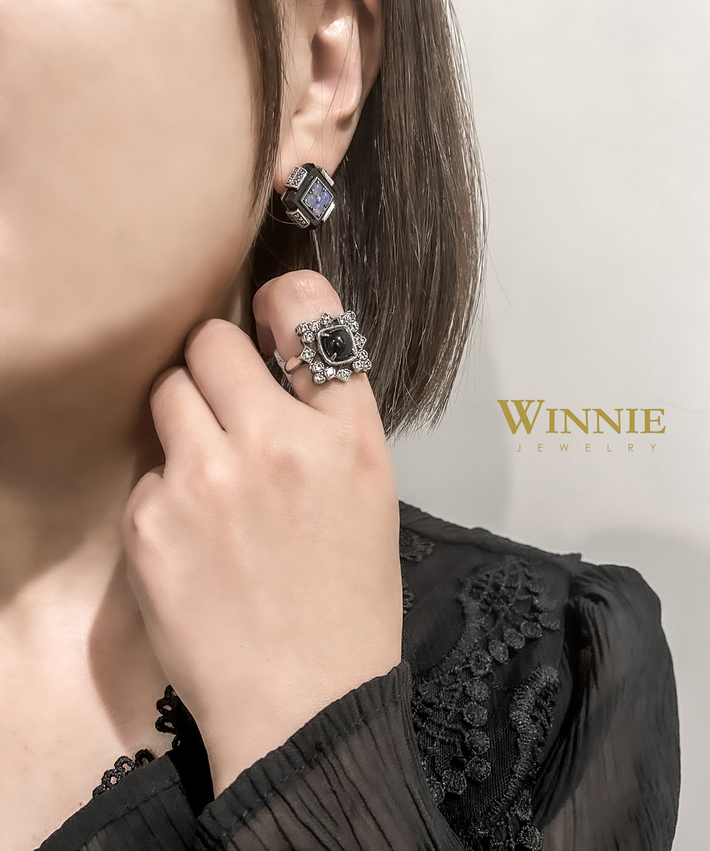 方型黑瑪瑙蛋白石耳環