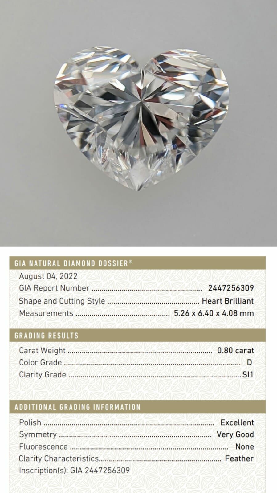 GIA鑽石 0.80 D SI1 EX VG NON