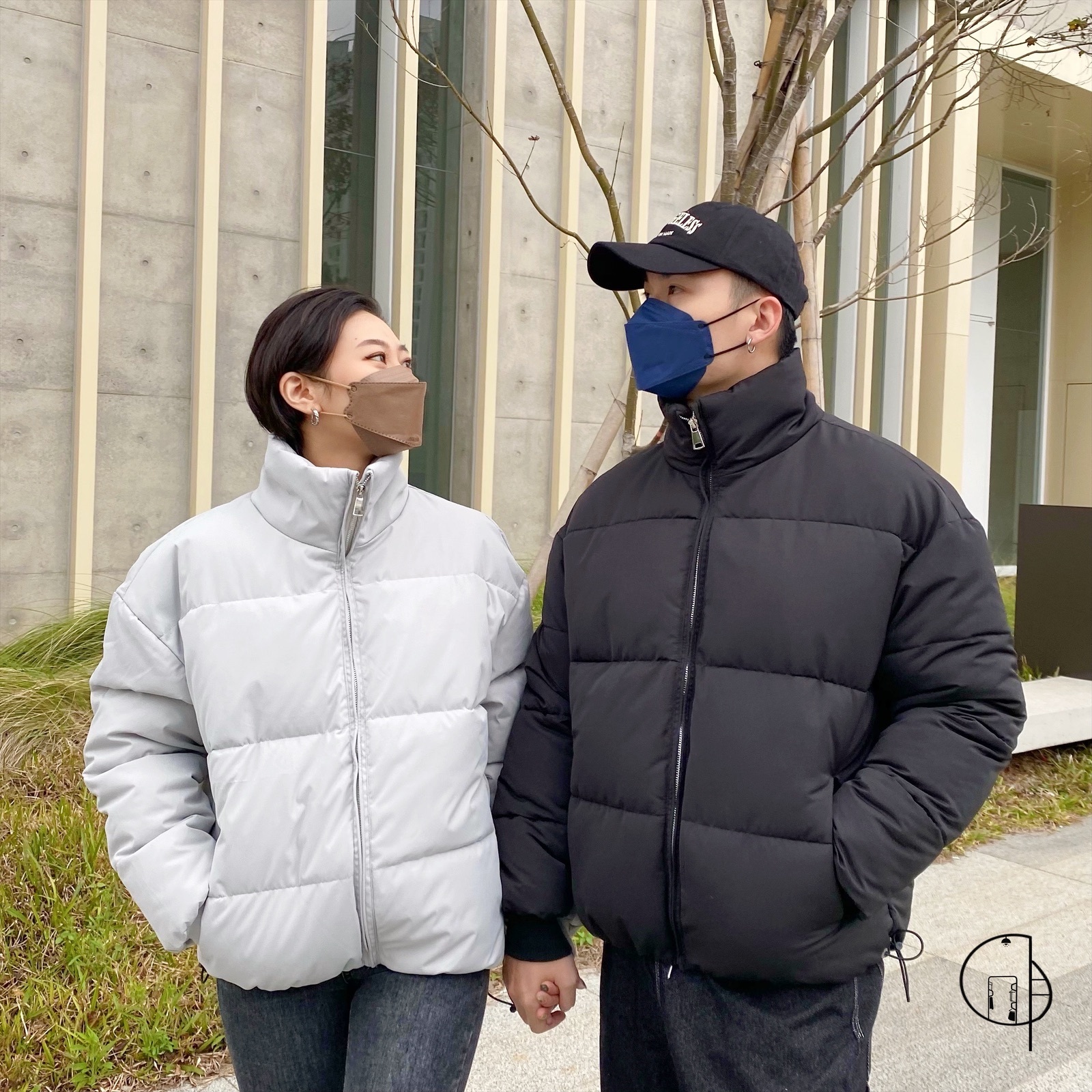 立領鋪棉麵包外套 黑//銀灰