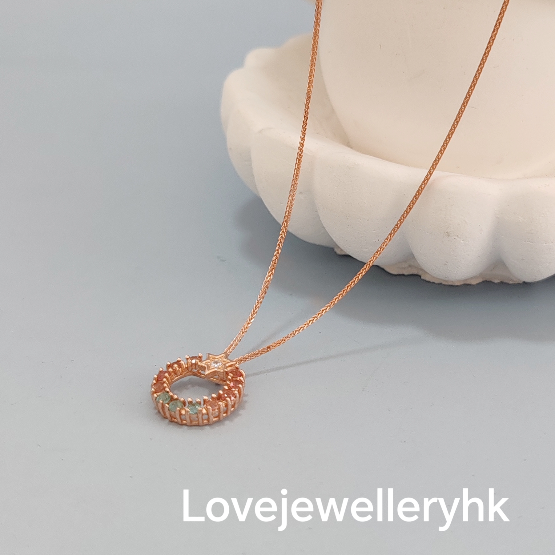 玫瑰金色天然碧璽六角星環形吊咀    GP006