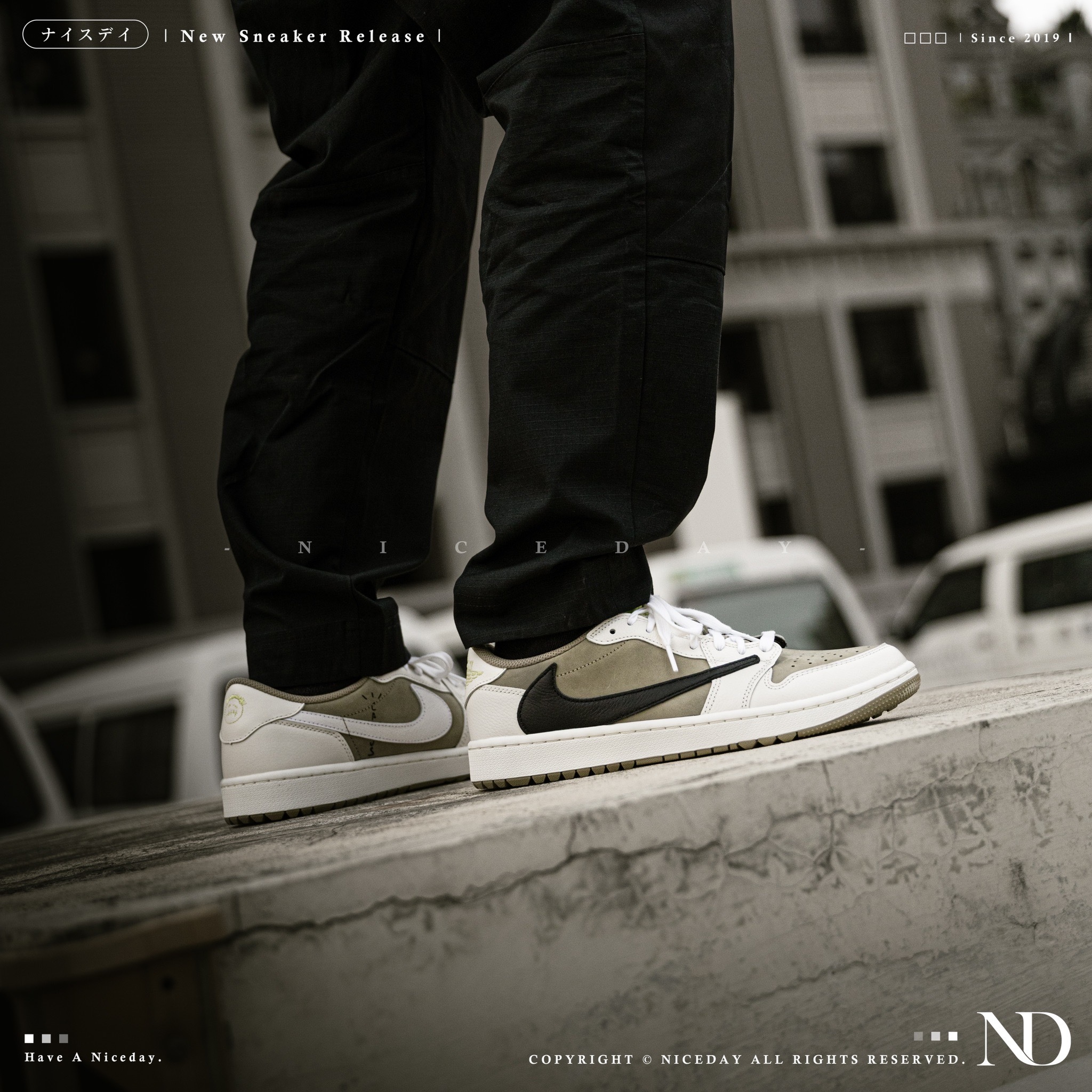 NICEDAY 代購 Travis Scott x Air Jordan 1 GOLF 淺棕 螢光綠 倒勾 6.0 男女 FZ3124-200