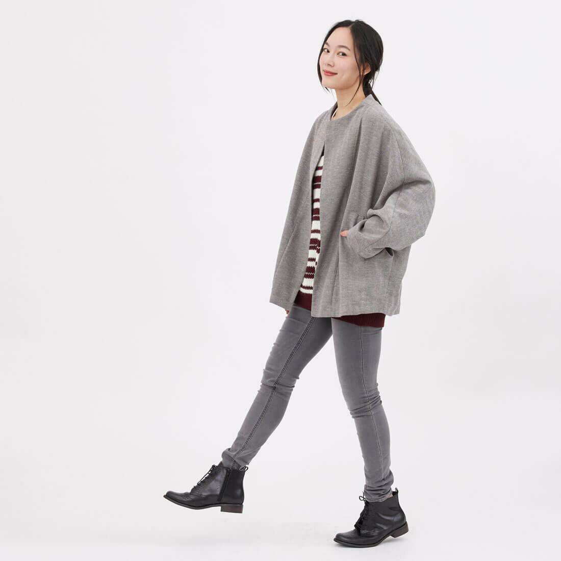 Donna圓領開襟飛鼠袖外套/灰棕