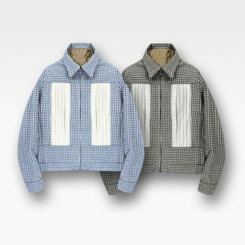 恤衫領千鳥格拼摺布拉鍊外套 D.B.Y.M-016JK