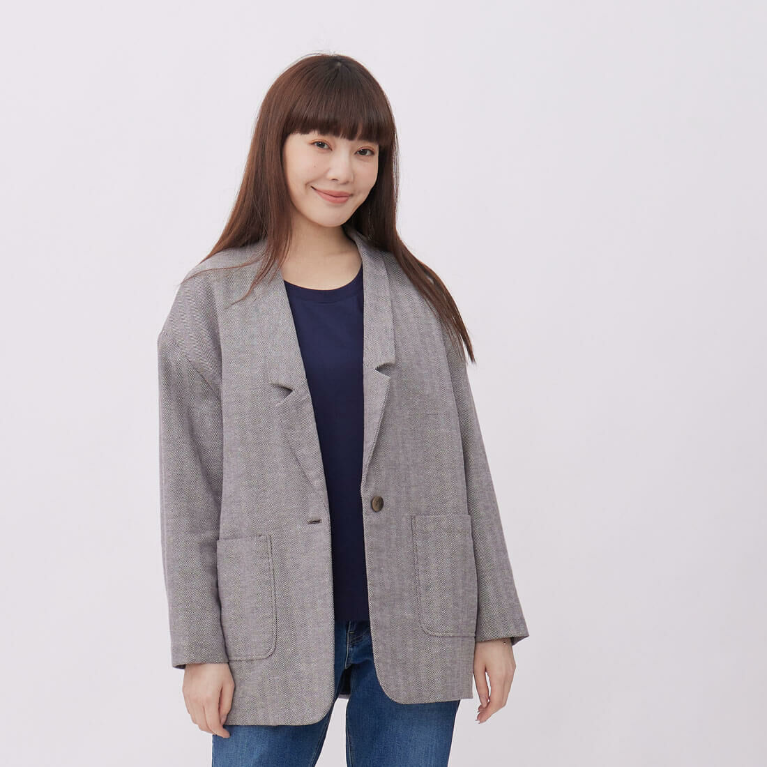 Carmen西裝領人字紋口袋外套 灰棕