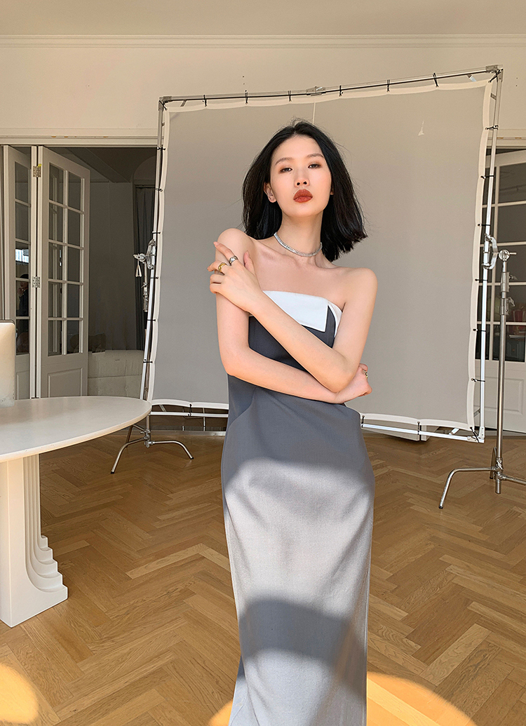 高級簡約反褶平口長洋裝