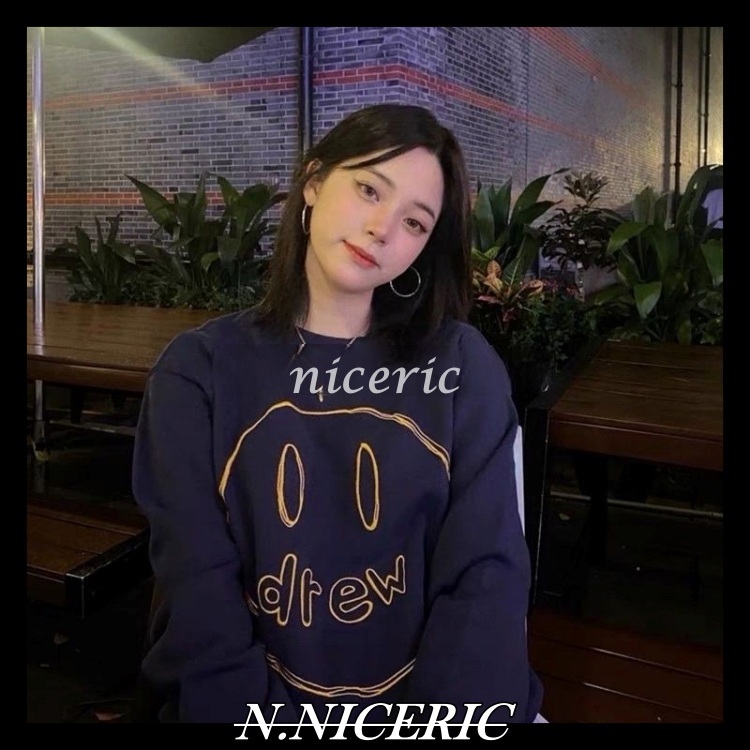 [Nice日韓歐美代購］歐陽娜娜同款質感藏青色 笑臉Drew house手繪素描笑臉圓領長袖T drew house大學T