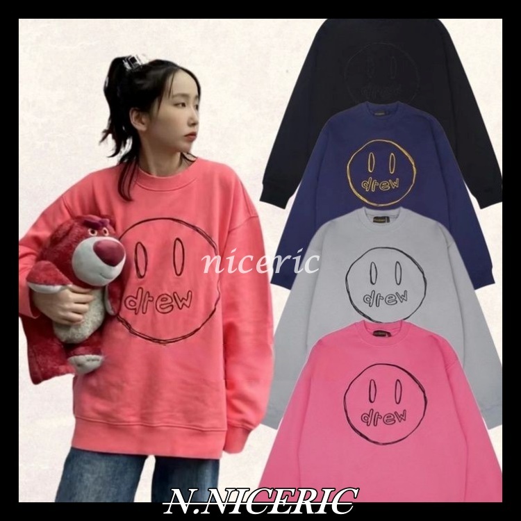 [Nice日韓歐美代購］歐陽娜娜同款質感藏青色 笑臉Drew house手繪素描笑臉圓領長袖T drew house大學T