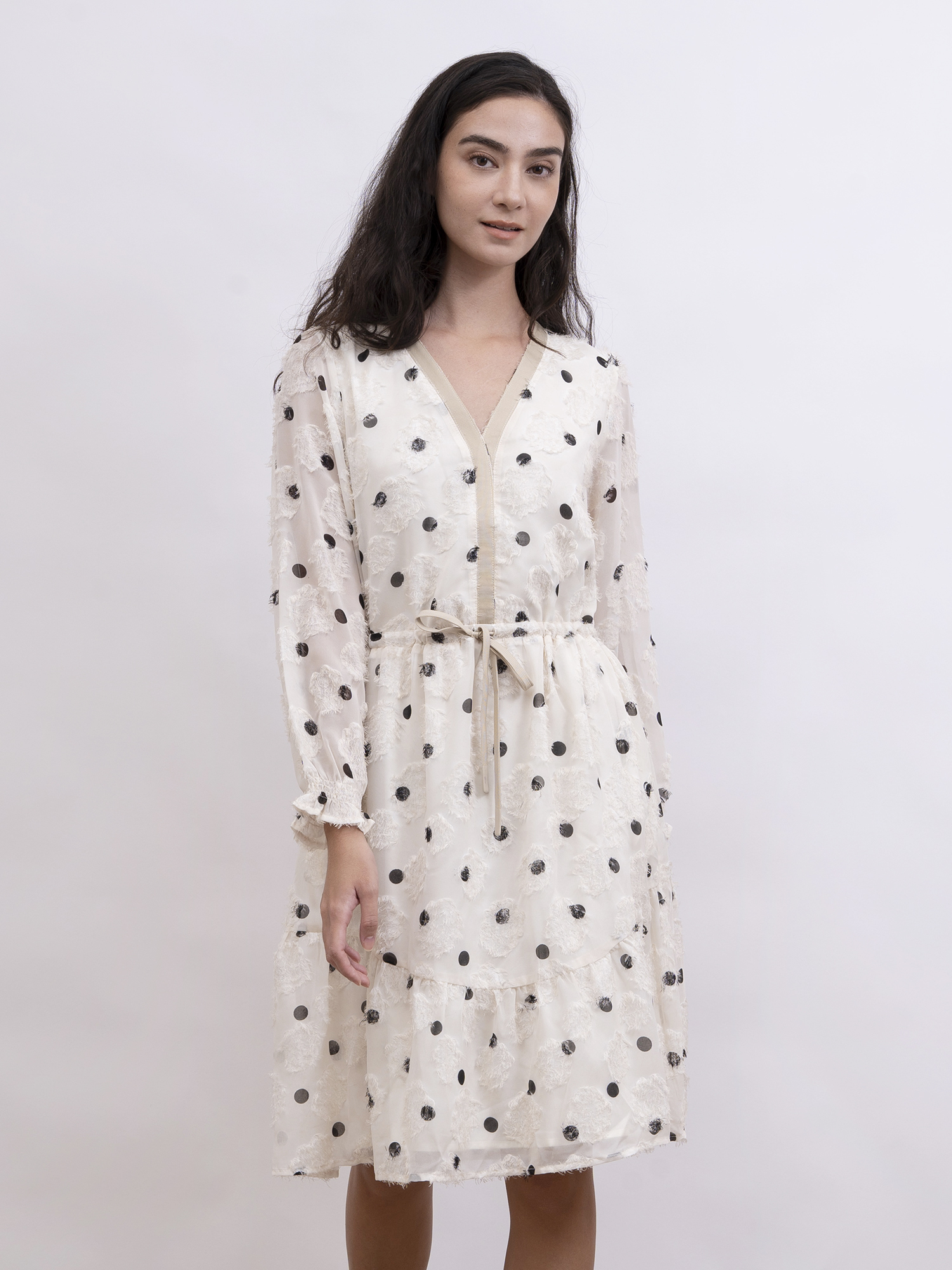 mi-tu 波點V領絨毛流蘇連身裙