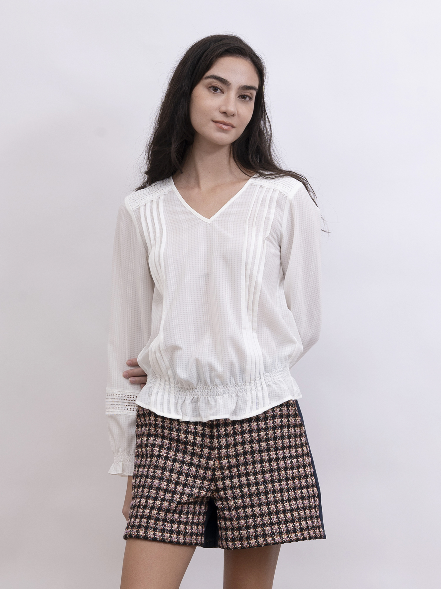 mi-tu 粗花呢拼牛仔短褲