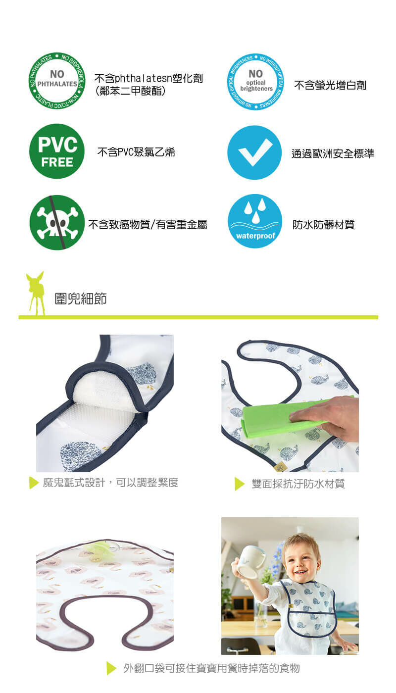 全球超過50個國家銷售,設計兼具時尚、功能、環保的育兒用品,嬰兒防水袋型圍兜,造型可愛、材質柔軟又防潑水,吃飯吃副食品必備,均經國際無毒安全認證