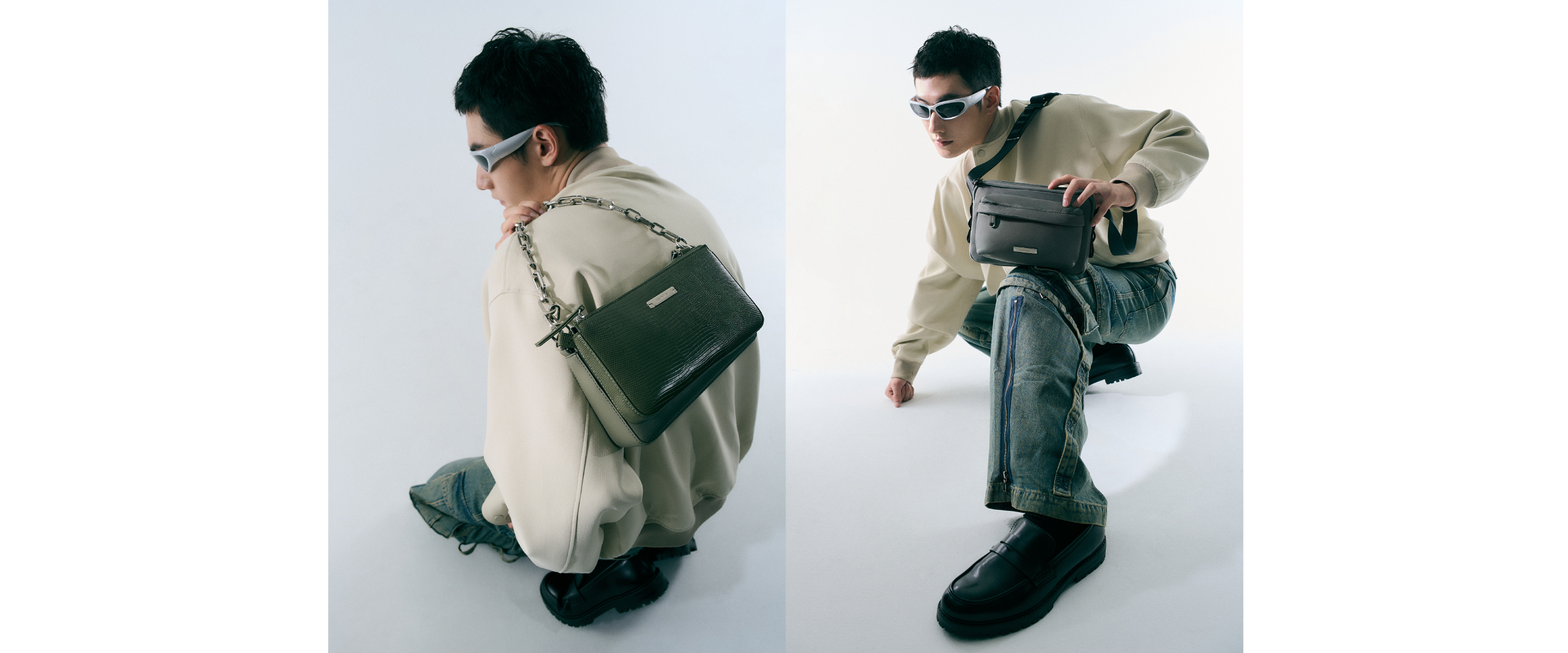 以淺色卡其棒球外套與解構設計牛仔褲搭配，視覺上更顯俐落有型。