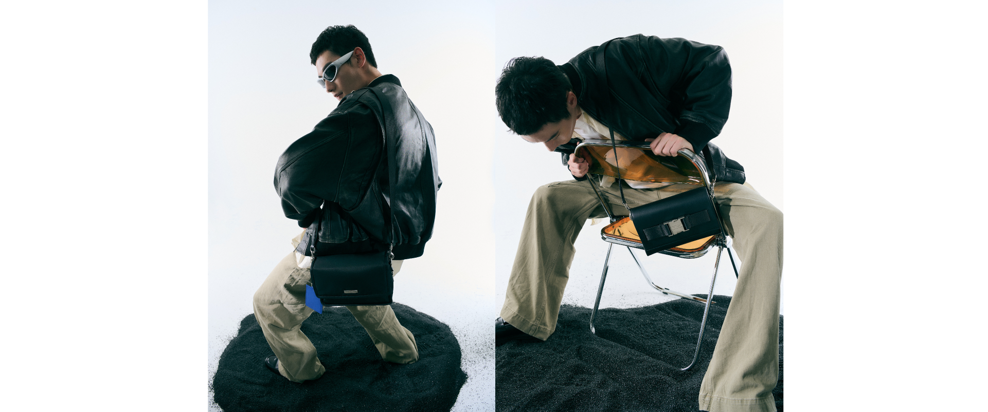 皮革外套絕對是秋季首選，寬鬆版型融入消光皮革，低調卻帶些個性的包款做搭配，顯得更加隨性酷帥！