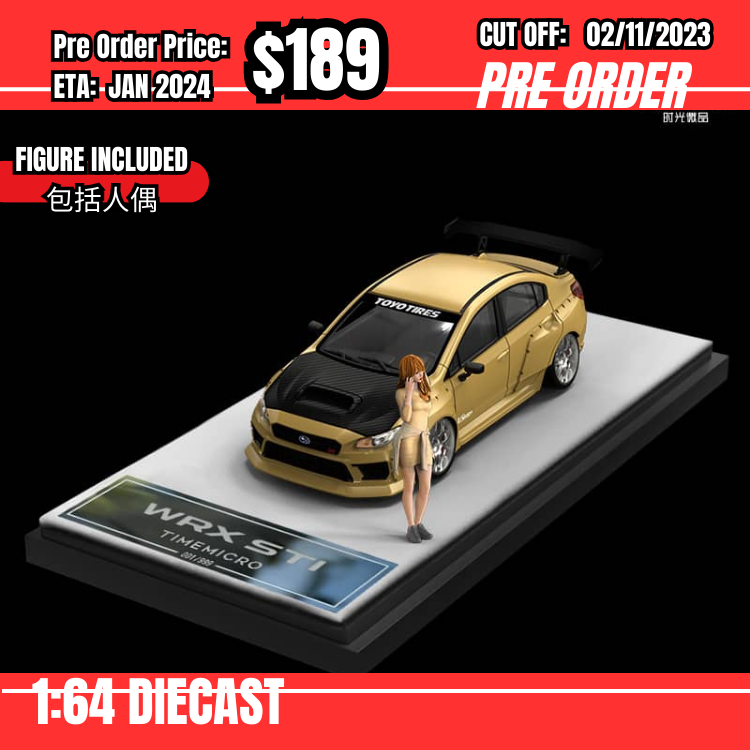PO-$189 *Time Micro* 1:64 Subaru WRX STI VA 2014 Gold w/figure [OD24/10]
