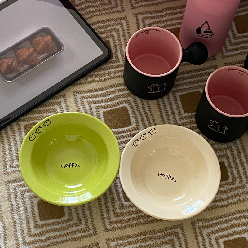 《3200》韓式米綠HAPPY陶瓷小碗