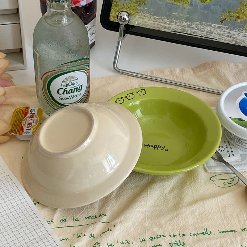 《3200》韓式米綠HAPPY陶瓷小碗