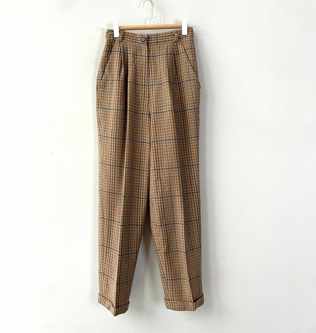 奶茶色格仔羊毛長褲