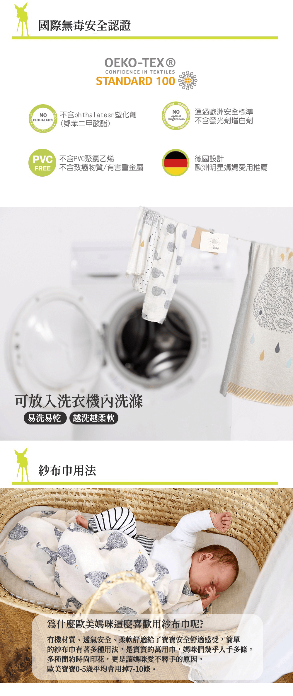 全球超過50個國家銷售,設計兼具時尚、功能、環保的育兒用品,嬰兒竹纖維包巾毯,超柔軟、天然透氣、抑菌防螨,經國際無毒安全認證,可當涼被、保暖被或遊戲墊