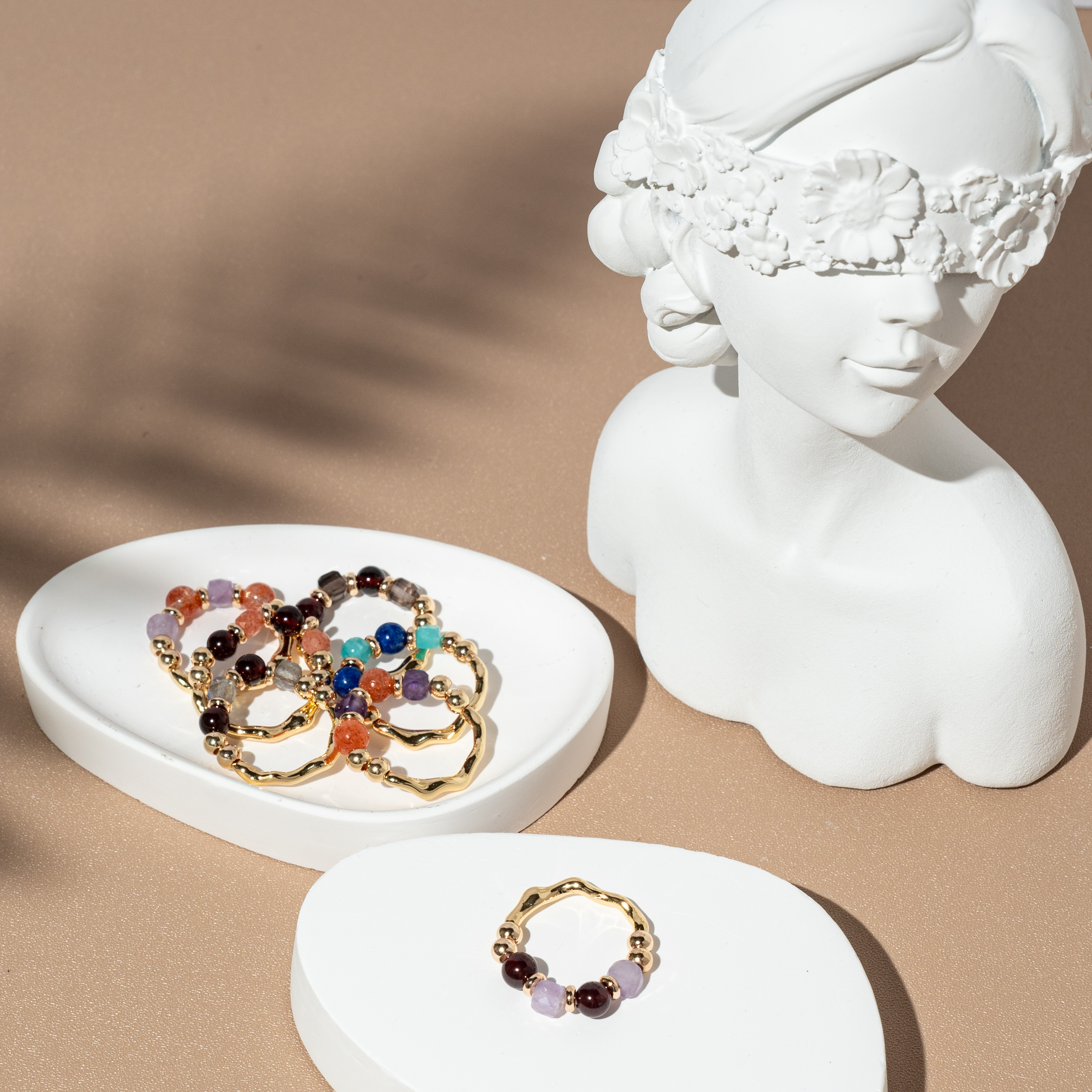 方糖水晶 金屬半圓 戒指