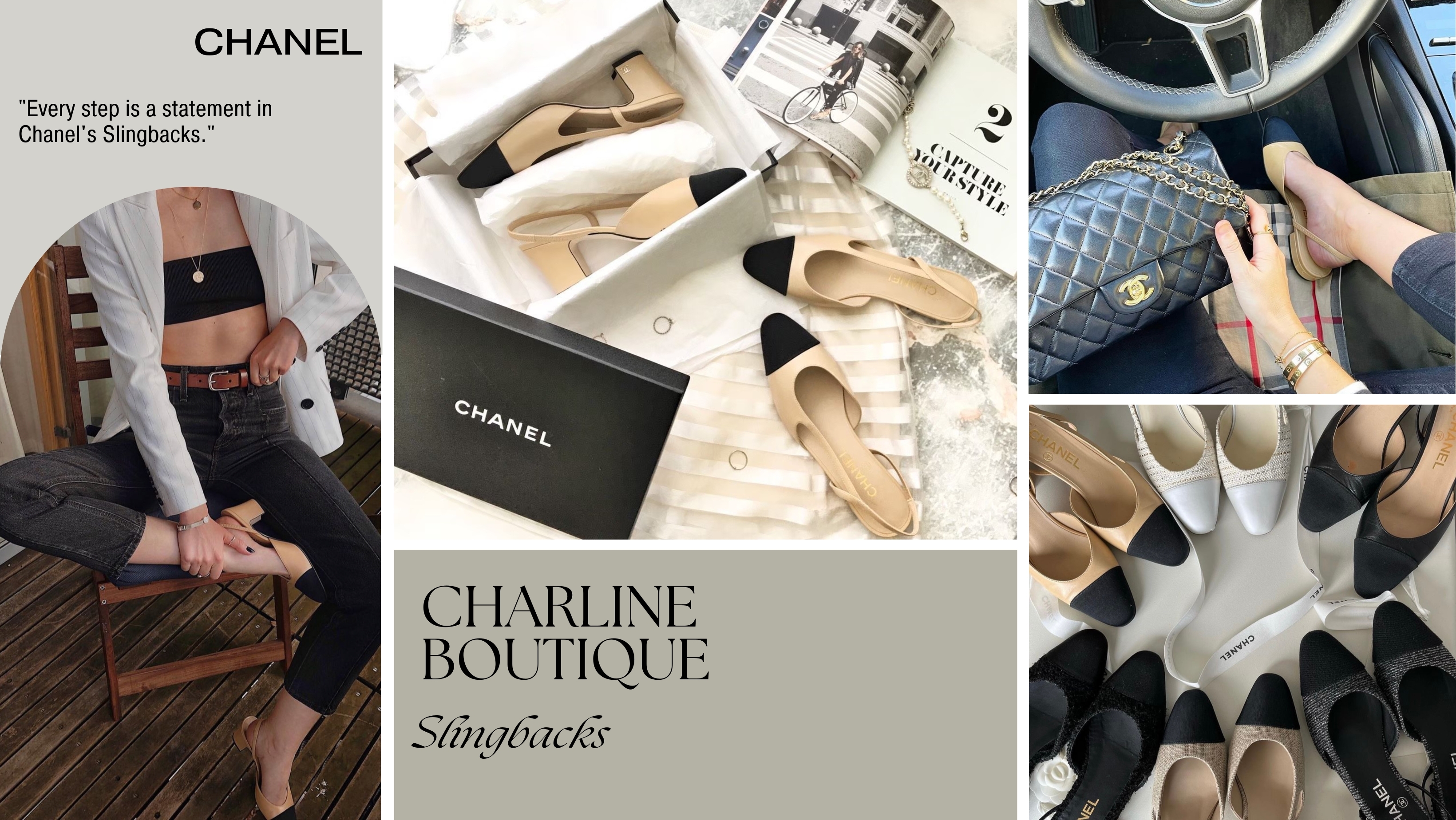Chanel Slingbacks誕生於1957年，獨具大膽將男鞋的雙色設計引入女鞋，賦予女鞋更多變的造型。雖以簡約著稱，卻充滿細節：裸膚色鞋身貼近皮膚色調，視覺上延伸雙腿長度；特殊鏤空設計增添風韻，舒適的鞋跟高度，輕鬆行走。Chanel Slingbacks提供2.5cm平底和6.5cm跟高兩種選擇，適合不同需要。鞋款配色和材質多變，由經典皮革到粗花呢、牛仔等不同材質的絆帶鞋，滿足各種喜好，令其成為每個女孩不可或缺的鞋櫃必備之選！