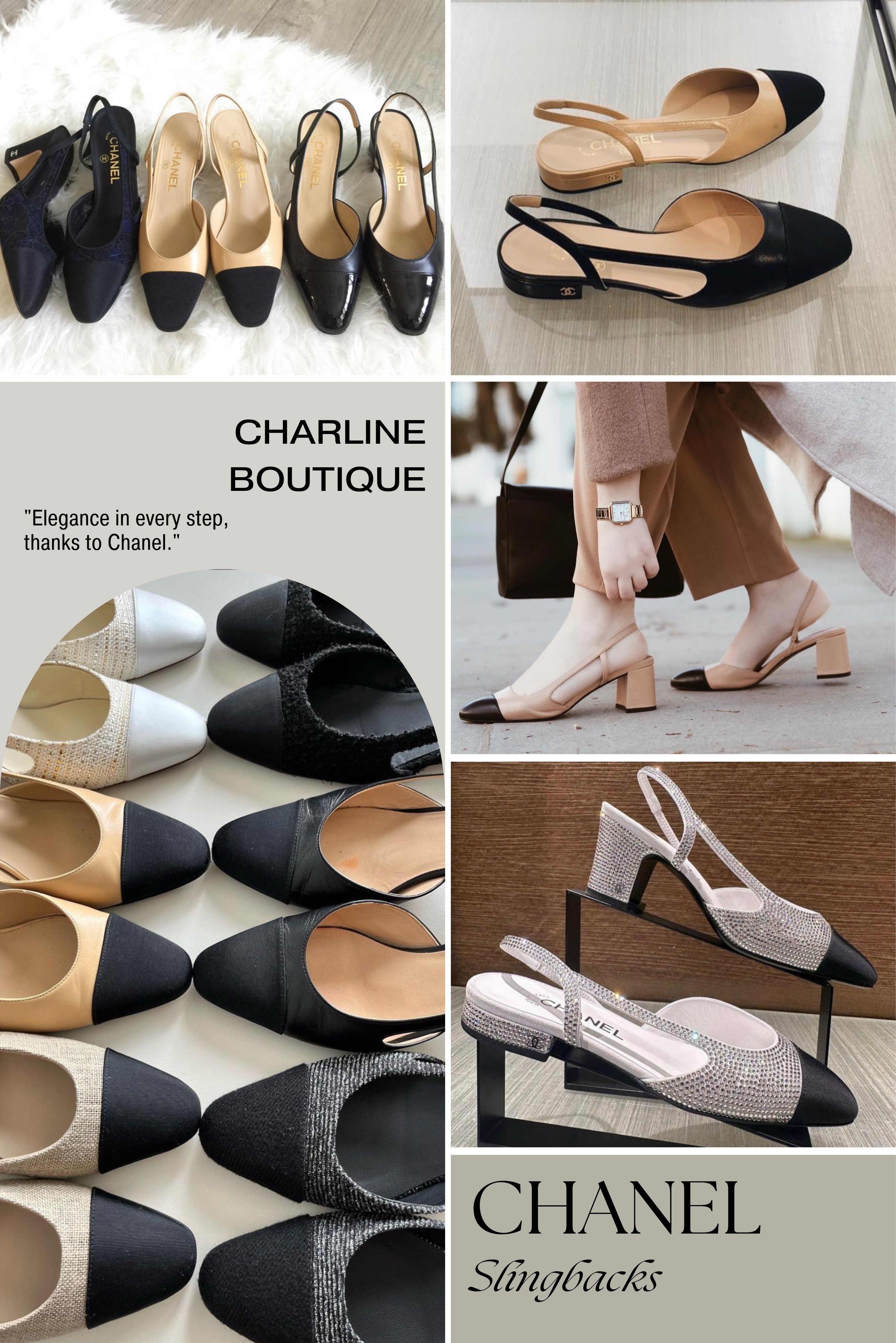 Chanel Slingbacks誕生於1957年，獨具大膽將男鞋的雙色設計引入女鞋，賦予女鞋更多變的造型。雖以簡約著稱，卻充滿細節：裸膚色鞋身貼近皮膚色調，視覺上延伸雙腿長度；特殊鏤空設計增添風韻，舒適的鞋跟高度，輕鬆行走。Chanel Slingbacks提供2.5cm平底和6.5cm跟高兩種選擇，適合不同需要。鞋款配色和材質多變，由經典皮革到粗花呢、牛仔等不同材質的絆帶鞋，滿足各種喜好，令其成為每個女孩不可或缺的鞋櫃必備之選！