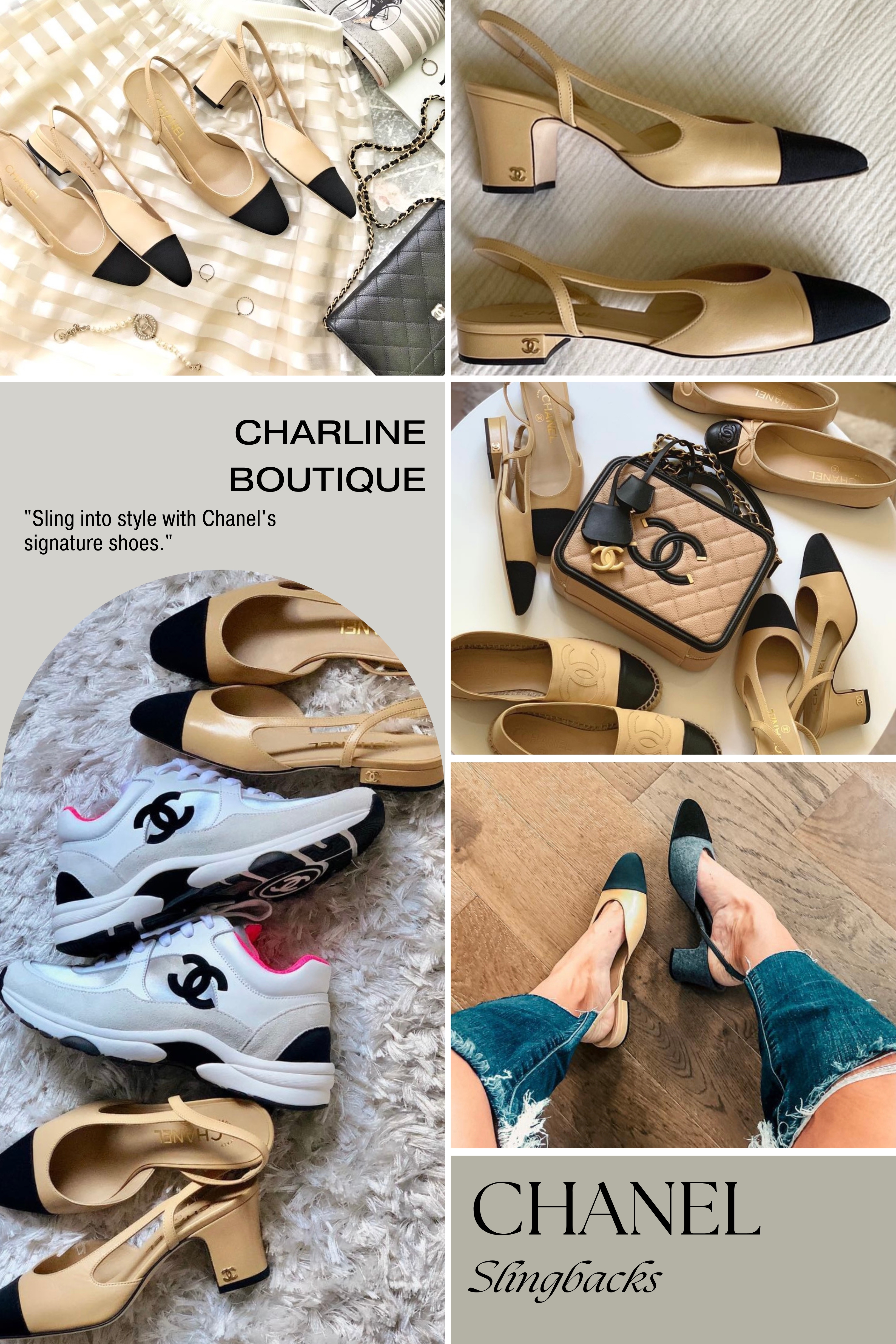 Chanel Slingbacks誕生於1957年，獨具大膽將男鞋的雙色設計引入女鞋，賦予女鞋更多變的造型。雖以簡約著稱，卻充滿細節：裸膚色鞋身貼近皮膚色調，視覺上延伸雙腿長度；特殊鏤空設計增添風韻，舒適的鞋跟高度，輕鬆行走。Chanel Slingbacks提供2.5cm平底和6.5cm跟高兩種選擇，適合不同需要。鞋款配色和材質多變，由經典皮革到粗花呢、牛仔等不同材質的絆帶鞋，滿足各種喜好，令其成為每個女孩不可或缺的鞋櫃必備之選！
