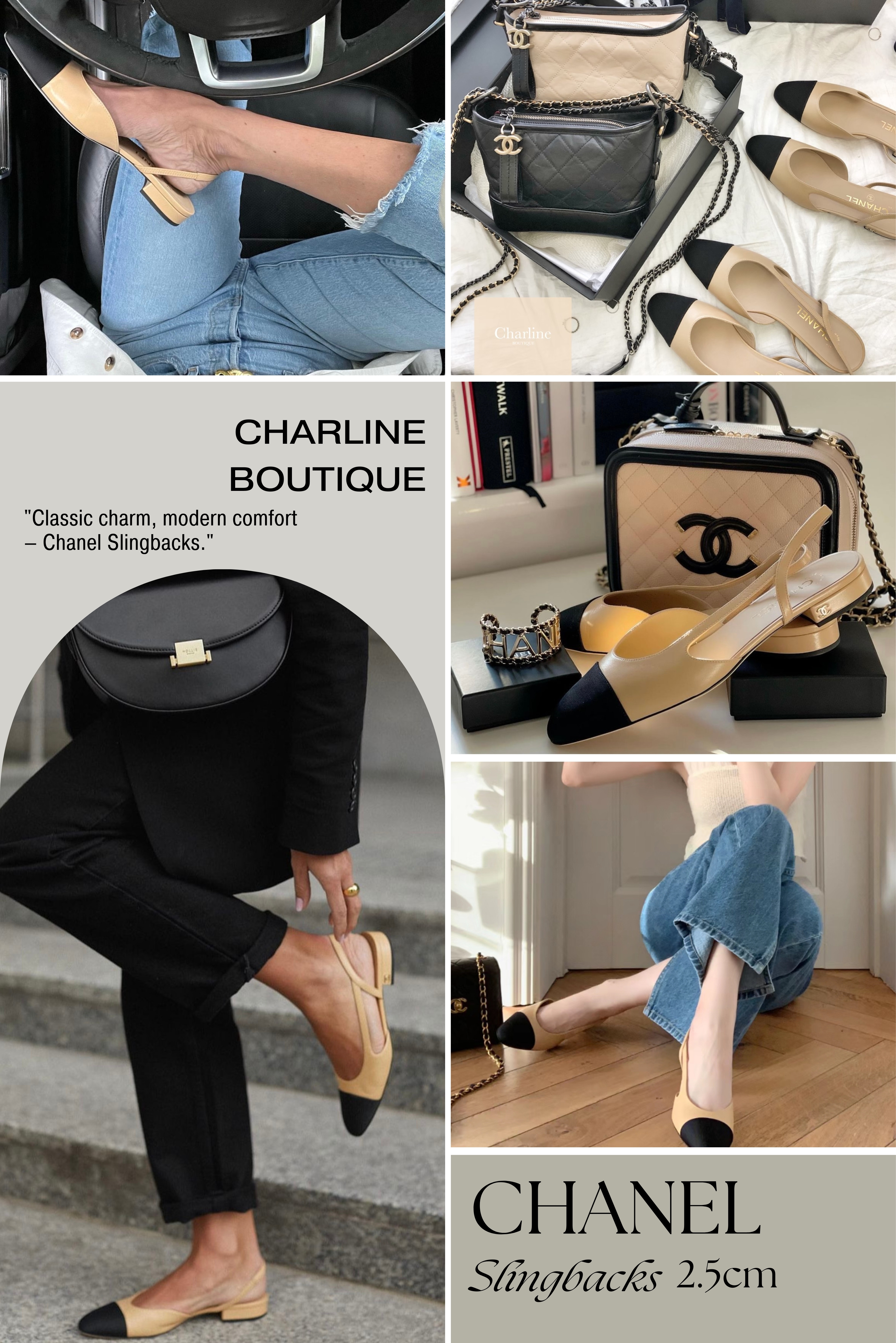 Chanel Slingbacks誕生於1957年，獨具大膽將男鞋的雙色設計引入女鞋，賦予女鞋更多變的造型。雖以簡約著稱，卻充滿細節：裸膚色鞋身貼近皮膚色調，視覺上延伸雙腿長度；特殊鏤空設計增添風韻，舒適的鞋跟高度，輕鬆行走。Chanel Slingbacks提供2.5cm平底和6.5cm跟高兩種選擇，適合不同需要。鞋款配色和材質多變，由經典皮革到粗花呢、牛仔等不同材質的絆帶鞋，滿足各種喜好，令其成為每個女孩不可或缺的鞋櫃必備之選！