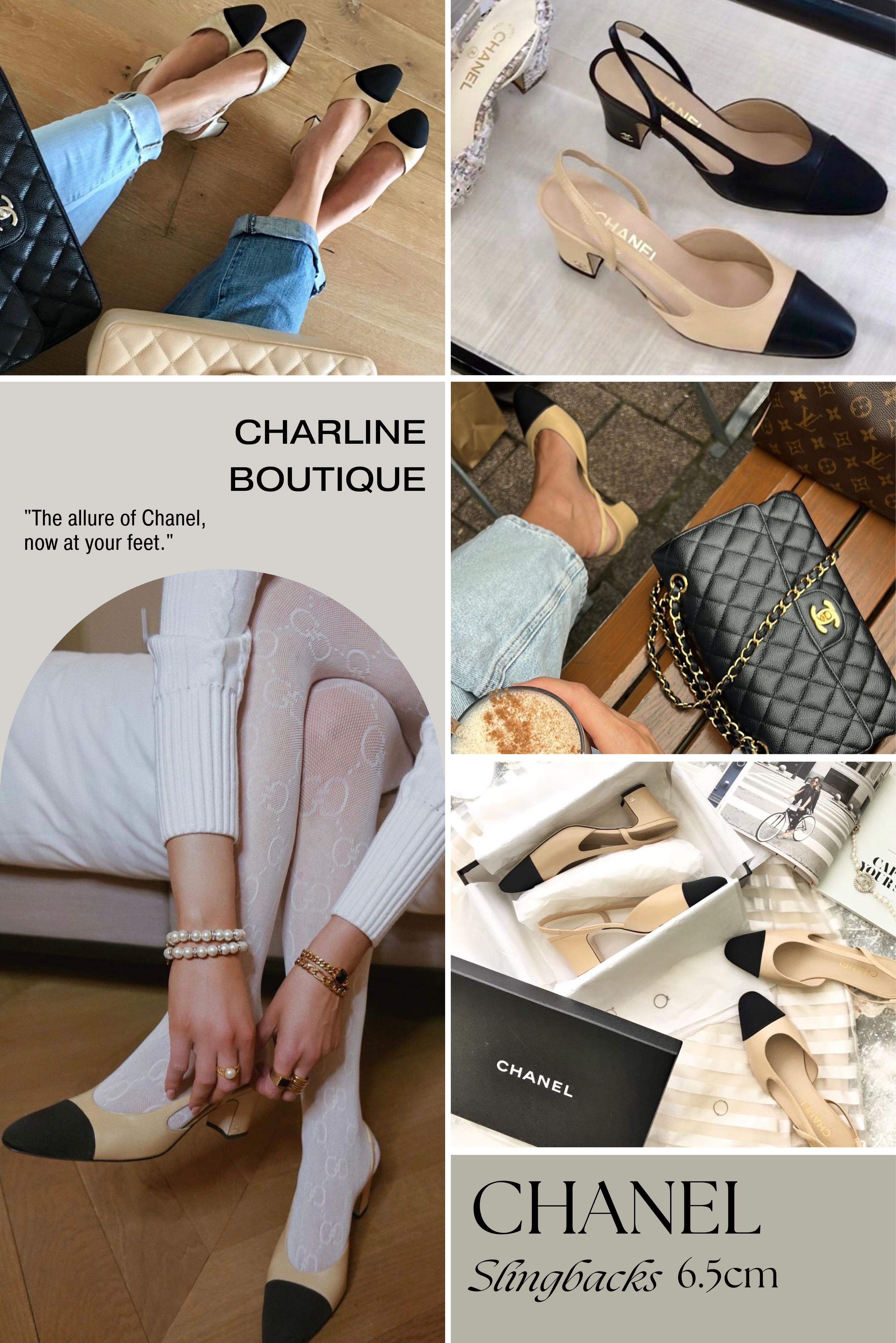 Chanel Slingbacks誕生於1957年，獨具大膽將男鞋的雙色設計引入女鞋，賦予女鞋更多變的造型。雖以簡約著稱，卻充滿細節：裸膚色鞋身貼近皮膚色調，視覺上延伸雙腿長度；特殊鏤空設計增添風韻，舒適的鞋跟高度，輕鬆行走。Chanel Slingbacks提供2.5cm平底和6.5cm跟高兩種選擇，適合不同需要。鞋款配色和材質多變，由經典皮革到粗花呢、牛仔等不同材質的絆帶鞋，滿足各種喜好，令其成為每個女孩不可或缺的鞋櫃必備之選！