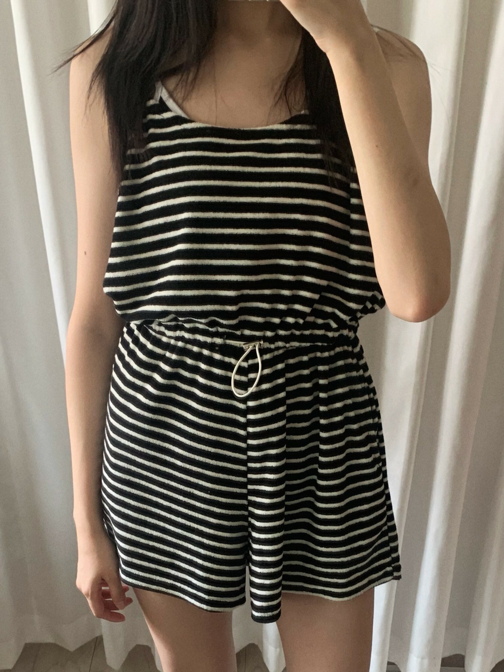 黑底白條紋 日常連身短褲