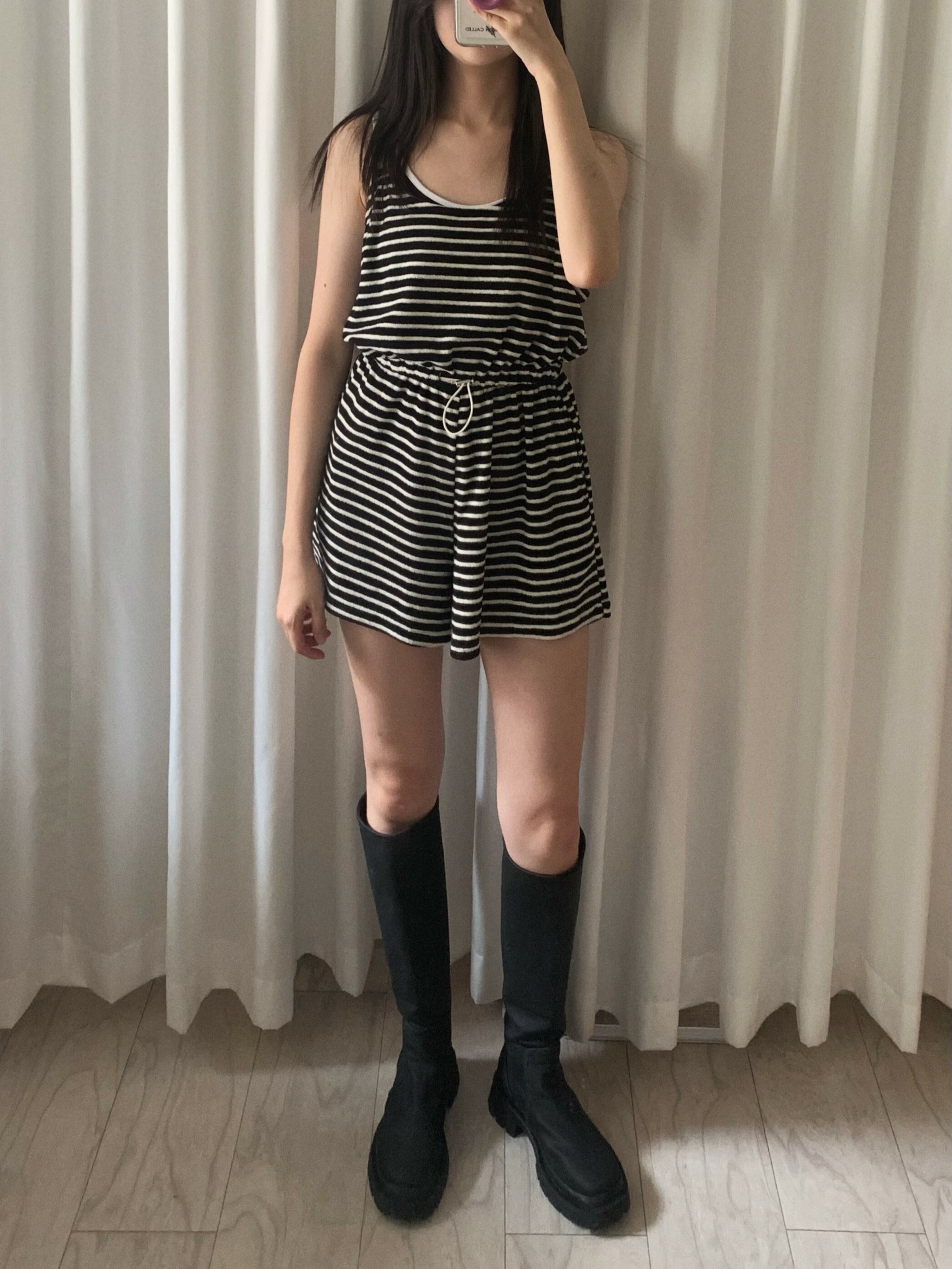 黑底白條紋 日常連身短褲