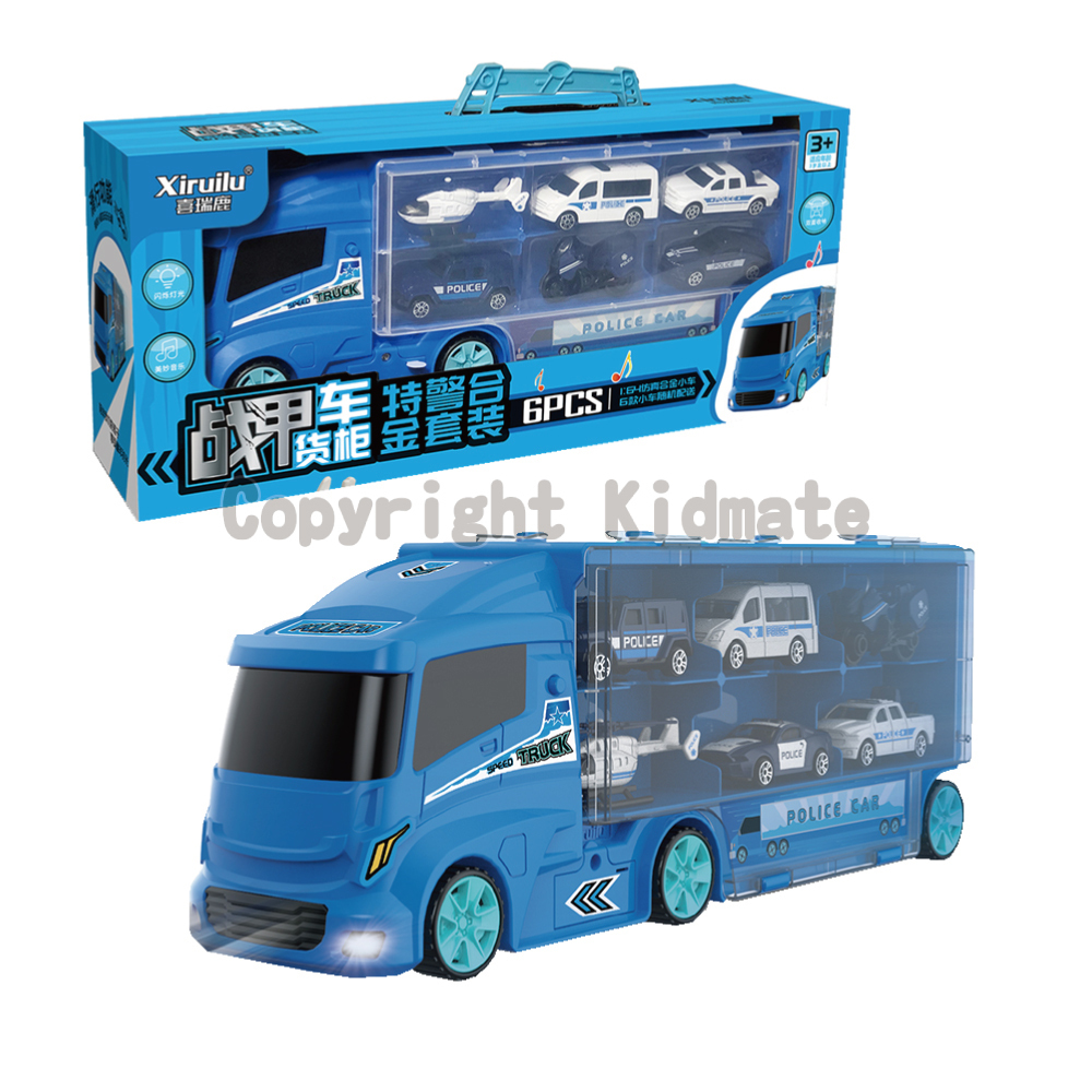《 KIDMATE 》聲光貨櫃和金車警察套裝 (附6台小車)
