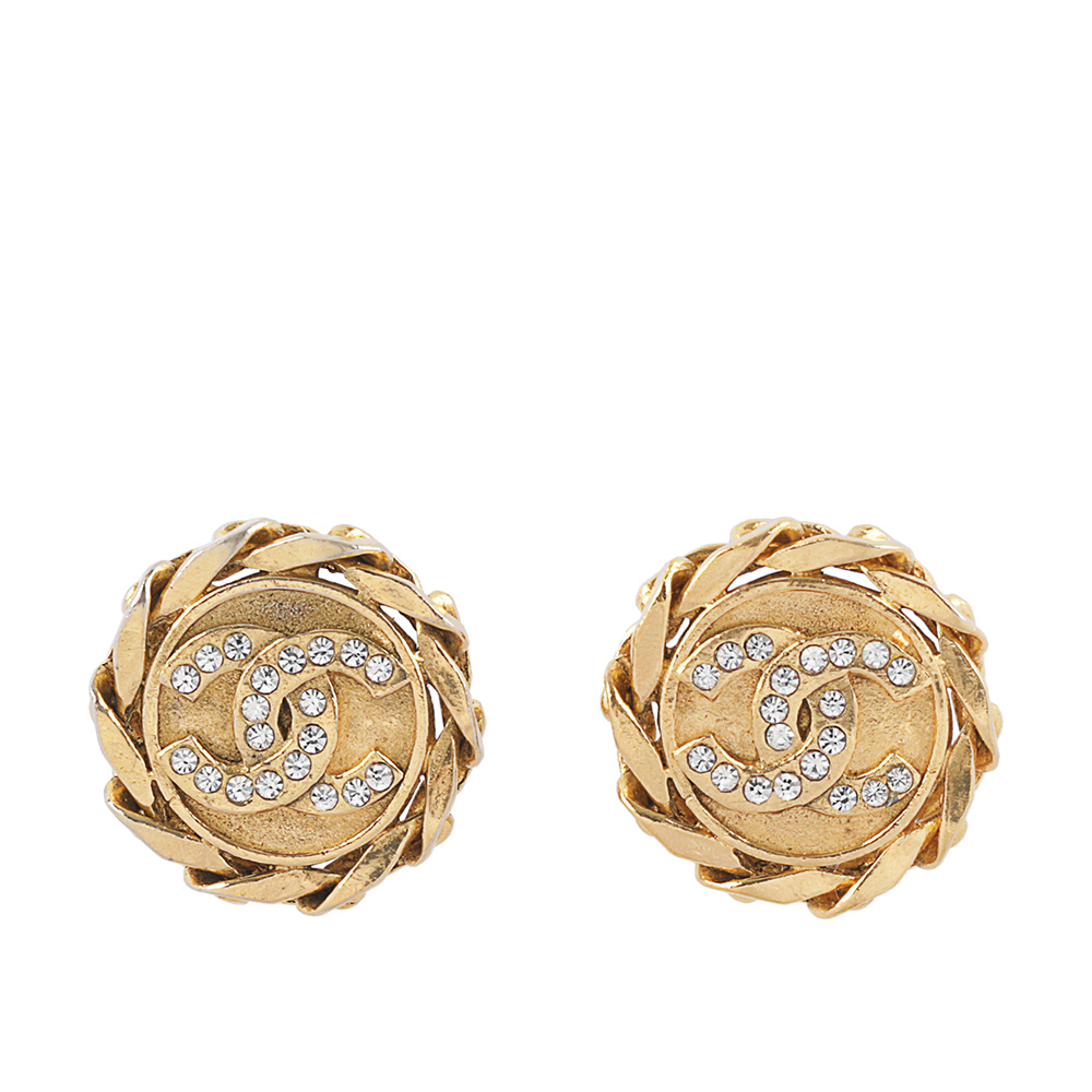 【CHANEL】鍊條圓形水鑽CC LOGO夾式耳環(金色)