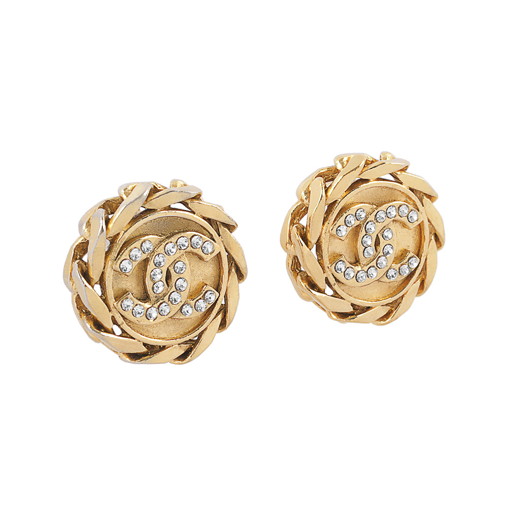 【CHANEL】鍊條圓形水鑽CC LOGO夾式耳環(金色)
