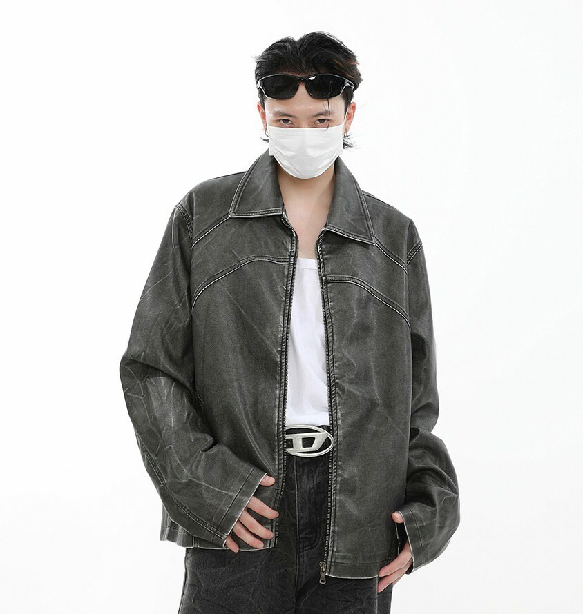 Evolvement EVO 做舊水洗紋皮革外套 翻領