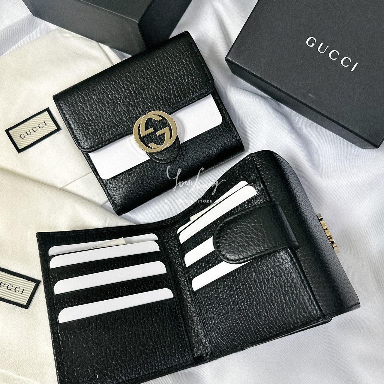 【Luxury】GUCCI 大LOGO 素面對摺短夾 多功能零錢卡包 雙g造型