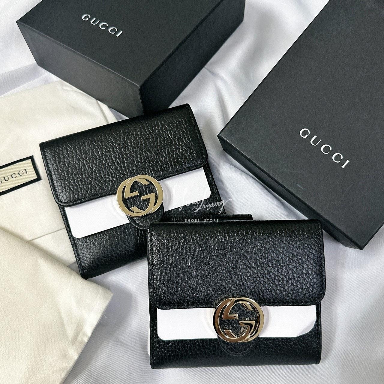 【Luxury】GUCCI 大LOGO 素面對摺短夾 多功能零錢卡包 雙g造型